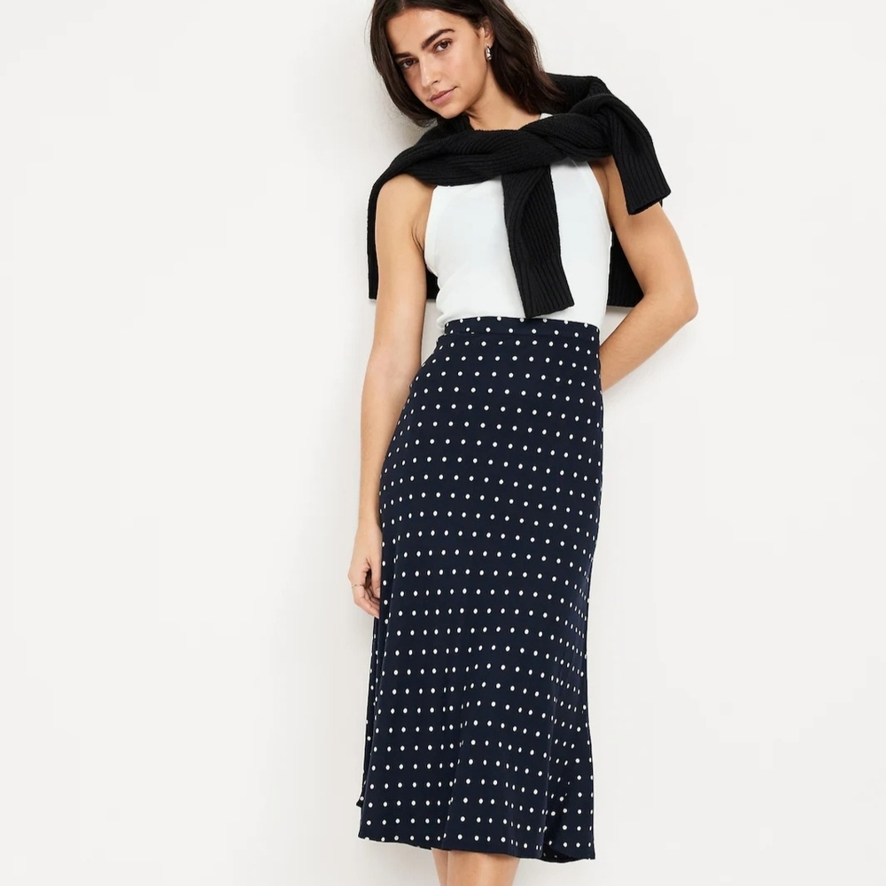 Polka Dot Midi Skirt - Navy and White